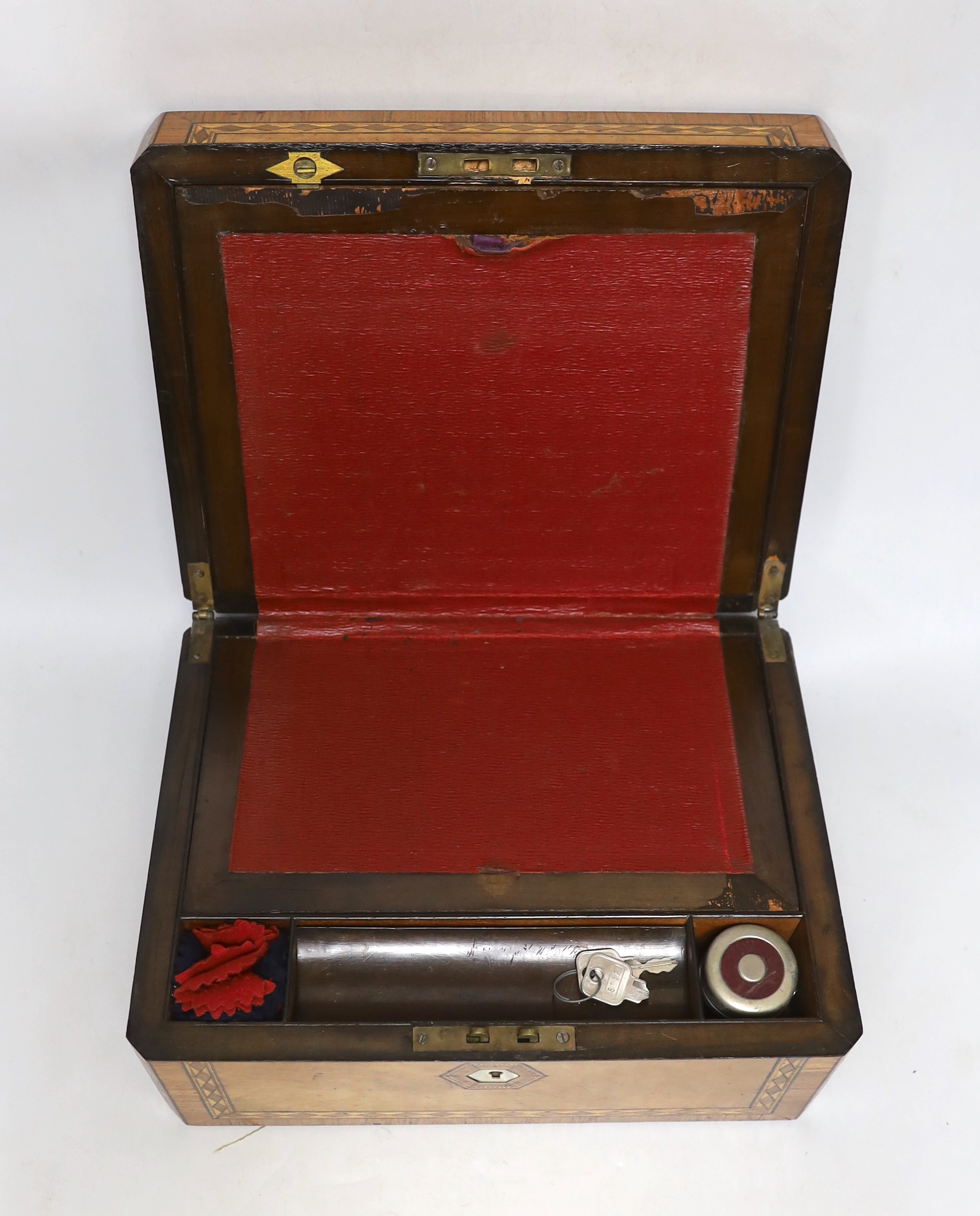 A Victorian walnut and parquetry writing slope, 30 cm wide x 23cm deep